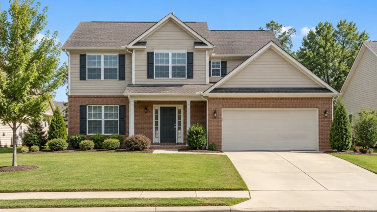 A mid market family house in brick and siding with a two car garage, a tidy lawn and simple foundation planting in bright daylight
