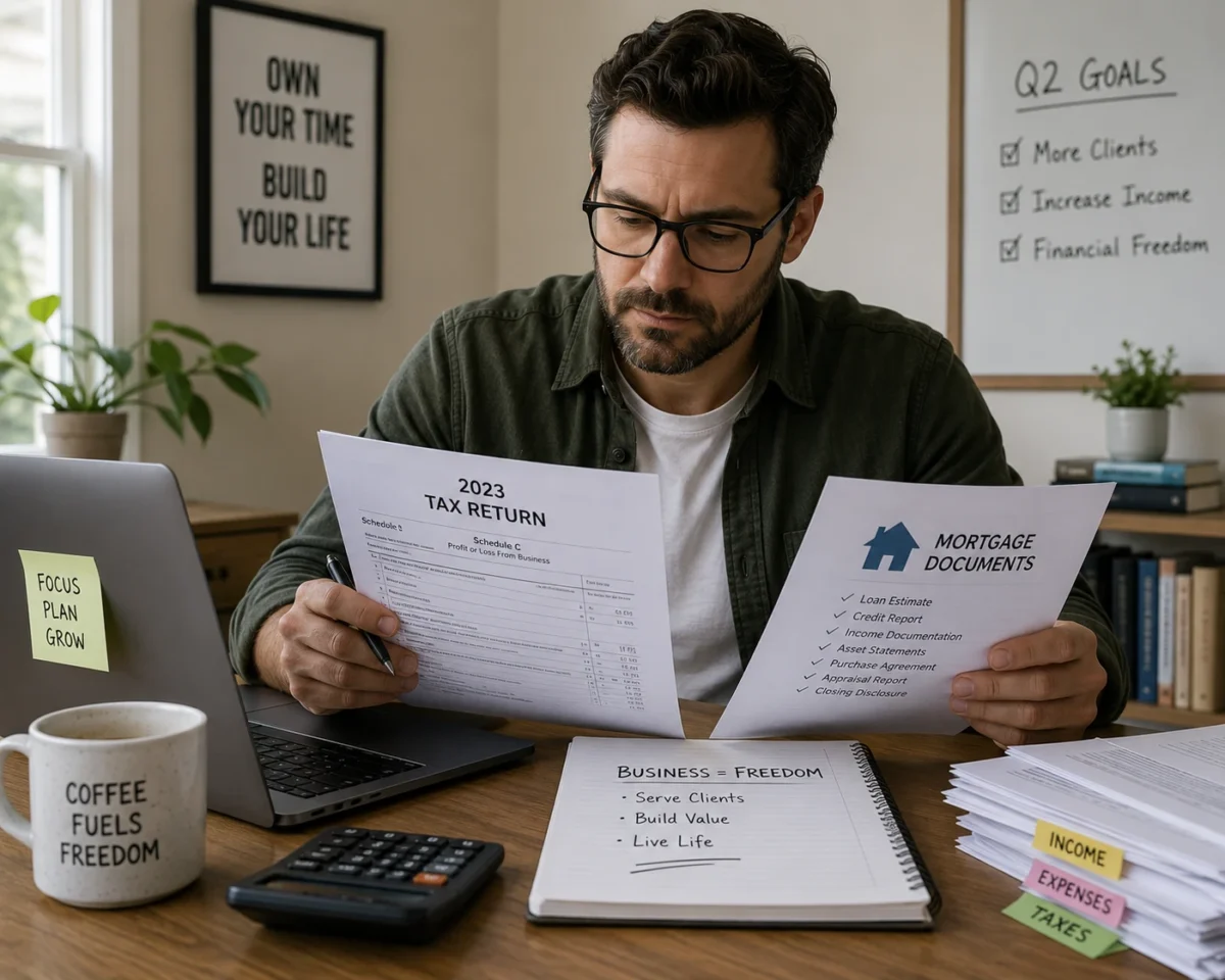 A man in glasses working at a desk, with a framed print and a whiteboard listing quarterly goals behind him