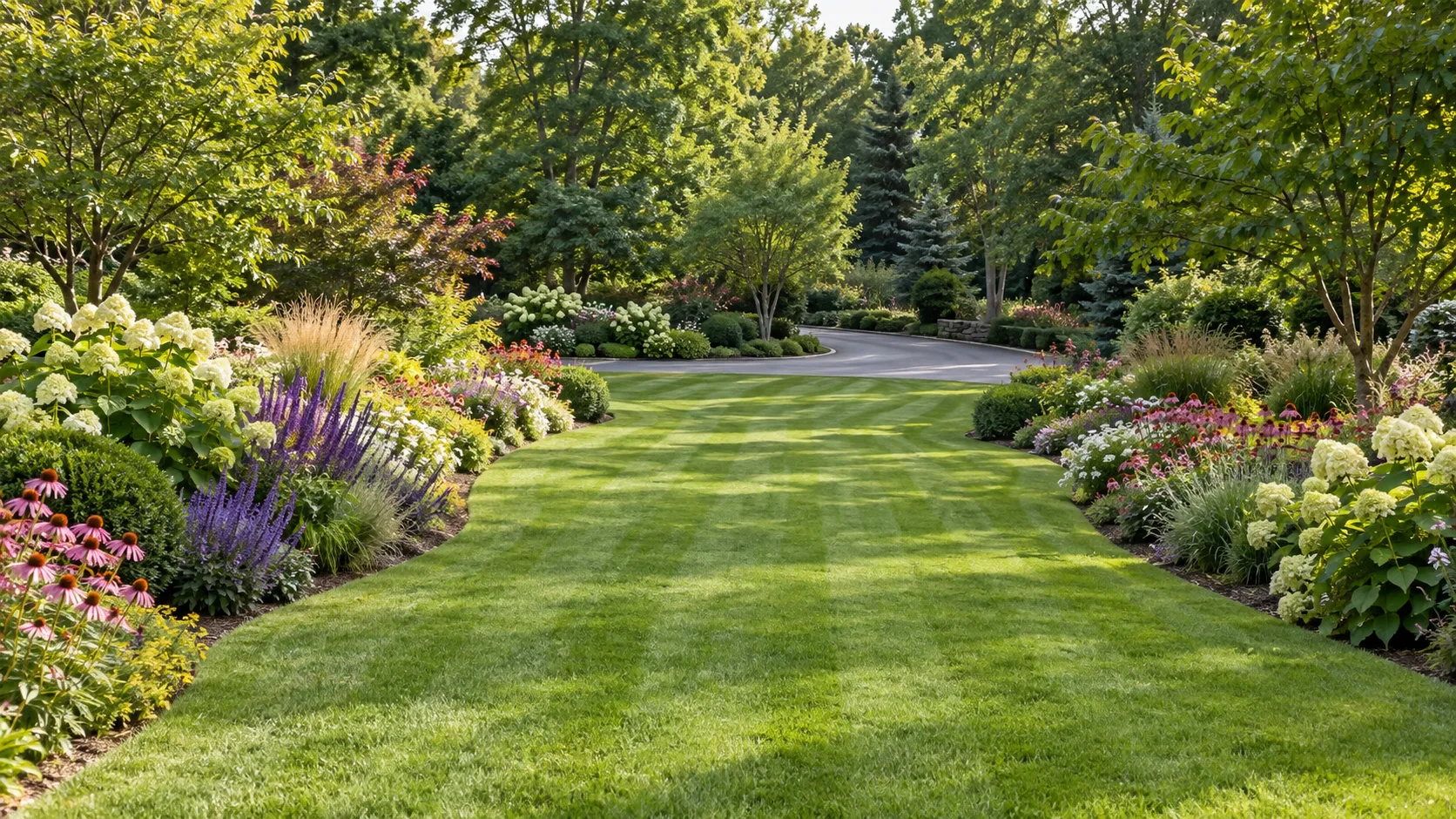 A long manicured lawn edged with deep mixed perennial borders in bloom, leading to a curved paved drive in bright even daylight