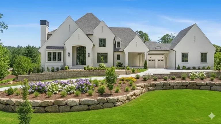 White painted-brick house with black windows above a stone retaining wall