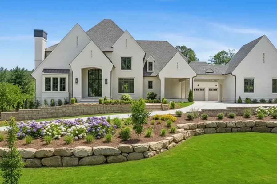 White painted-brick house with black windows above a stone retaining wall