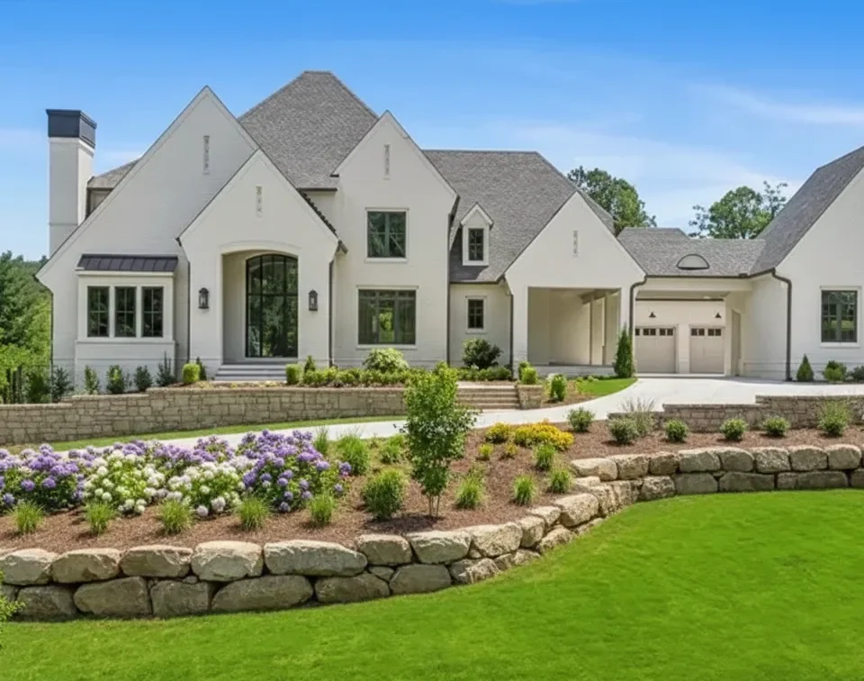 White painted-brick house with black windows above a stone retaining wall