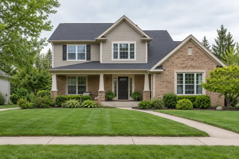 A tidy brick and siding house seen from the street in flat daylight, with a freshly cut lawn, a clean paved walk and simple foundation planting