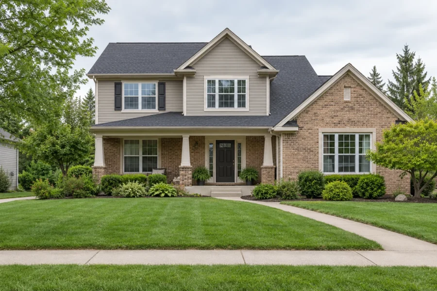 A tidy brick and siding house seen from the street in flat daylight, with a freshly cut lawn, a clean paved walk and simple foundation planting