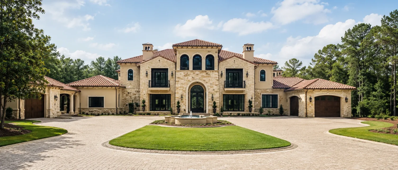 A large Mediterranean style stucco house with arched windows behind a circular gravel drive