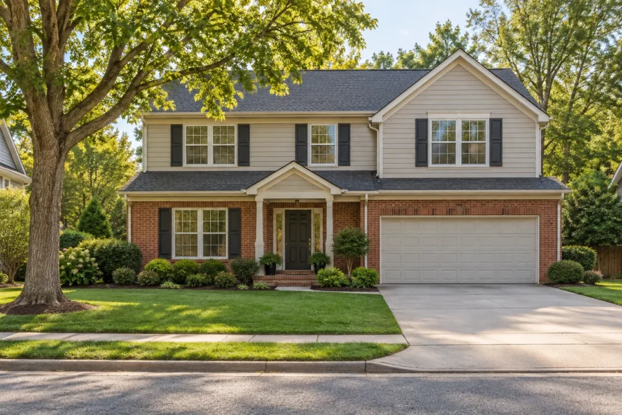 A two storey brick and siding family home with an attached two car garage, a modest front lawn and a mature shade tree at the kerb