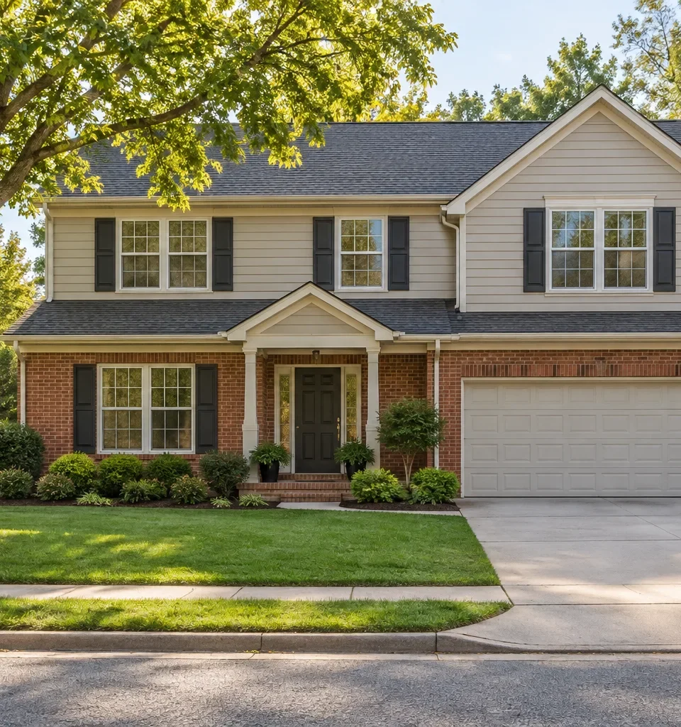 A two story brick and siding family home with an attached two car garage, a modest front lawn and a mature shade tree at the curb