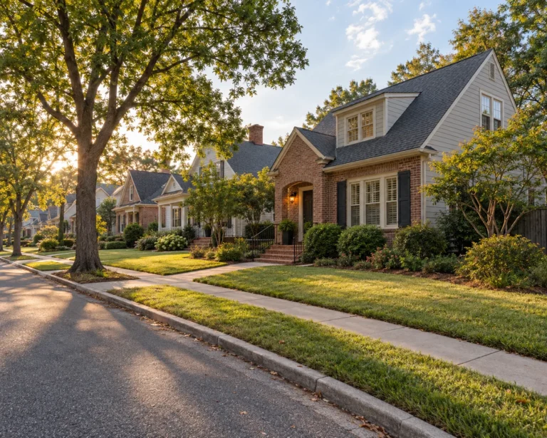 An established Metro Atlanta residential street in late afternoon light, with houses of varying age, size and finish receding along the kerb under mature trees