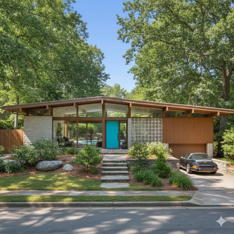 A midcentury modern home with a low-pitched roof, a turquoise front door and a carport