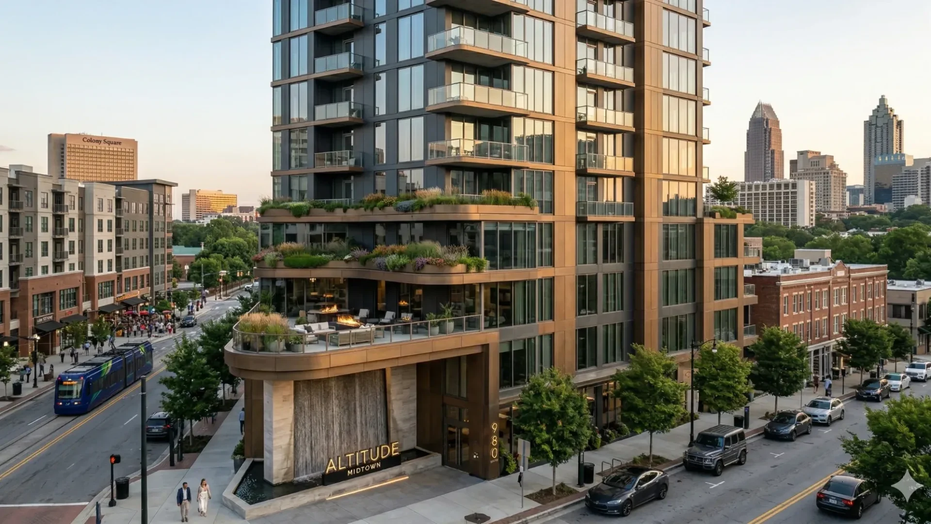 A mid-rise apartment tower over a planted terrace on a main street with the skyline behind