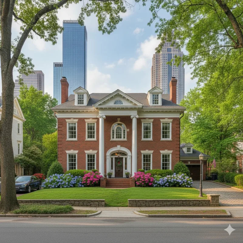 Red brick columned house under tall trees with the Midtown towers behind