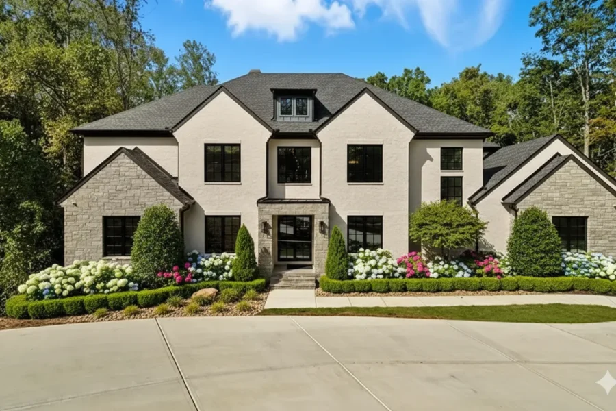 Grey brick and stone two-story with a wide paved drive and white hydrangeas