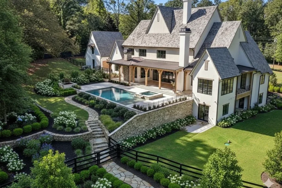 Aerial of a white stone and slate house with a pool terrace on a wooded slope