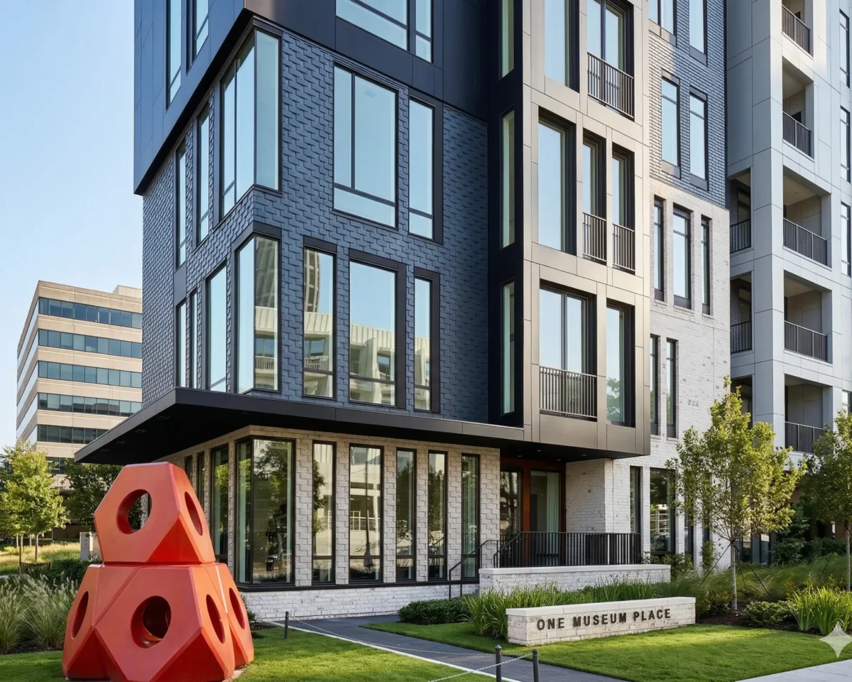 A modern apartment building with a red sculpture on the lawn outside