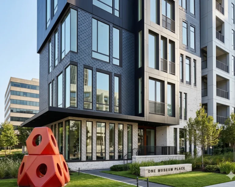 A modern apartment building with a red sculpture on the lawn outside