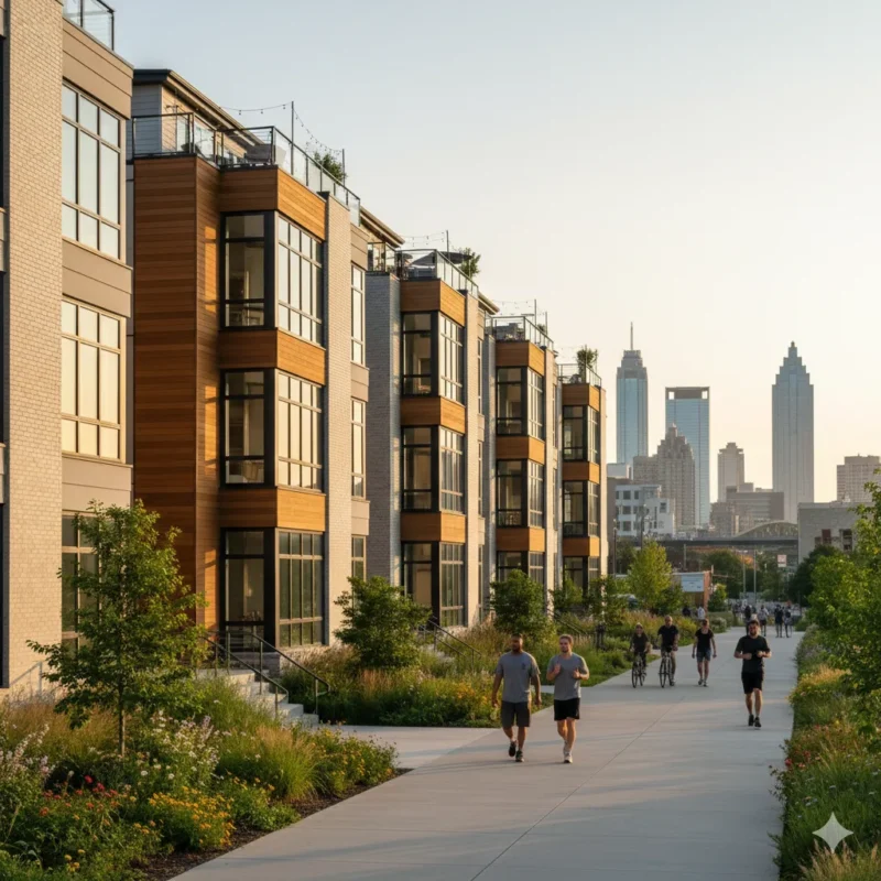 Modern mid-rise apartments beside a paved trail with the Atlanta skyline behind