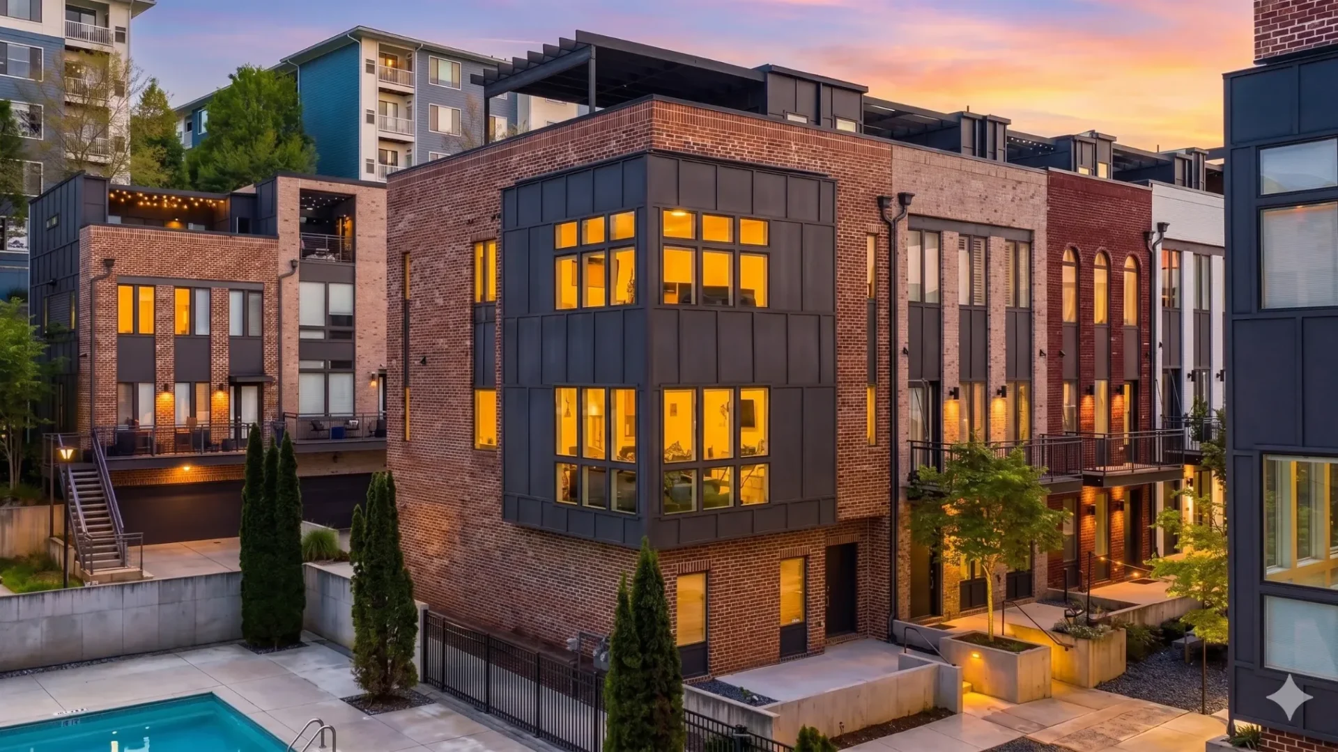 A modern brick and dark-clad building with a pool terrace lit at dusk