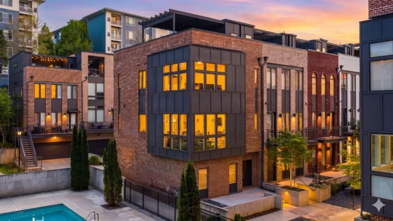 A modern brick and dark-clad building with a pool terrace lit at dusk
