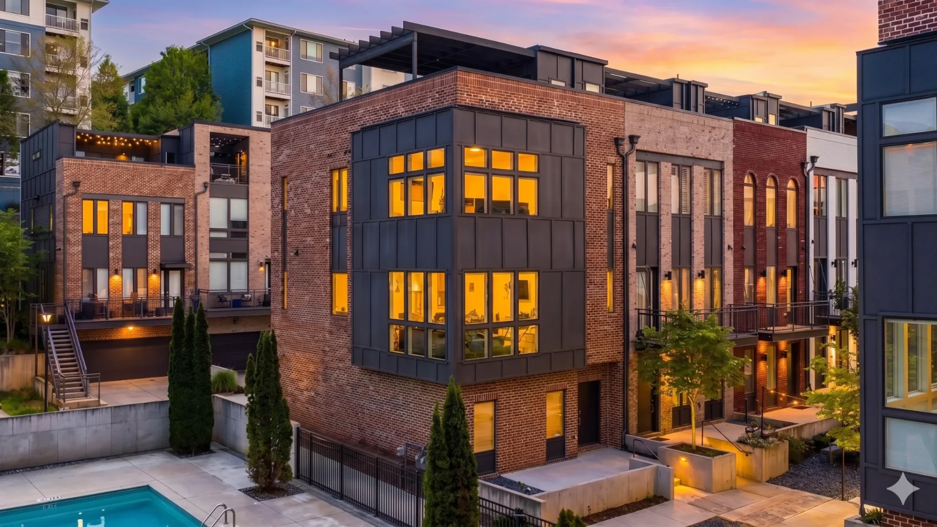 A modern brick condominium building lit at dusk above a pool terrace