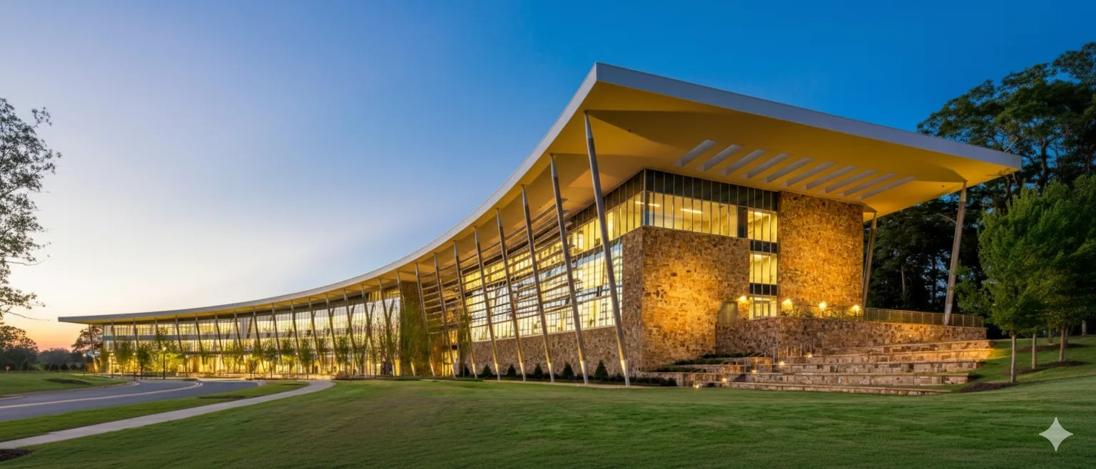 A modern building with a sweeping cantilevered roof lit at dusk