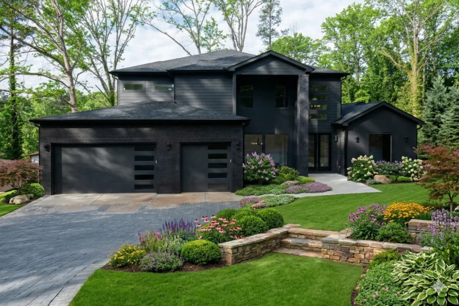 A modern dark clad house with a garage and a stone retaining wall in the lawn