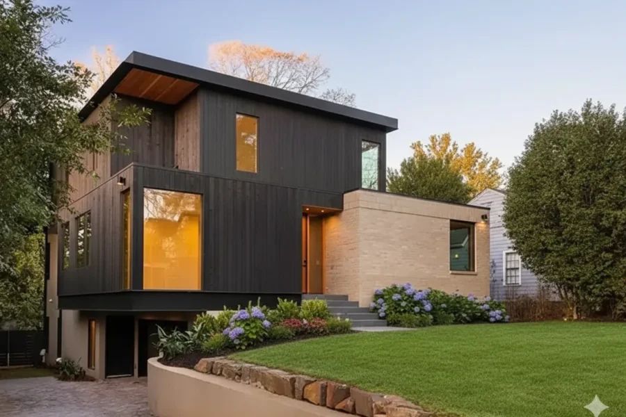 A modern dark timber house above a raised lawn and retaining wall