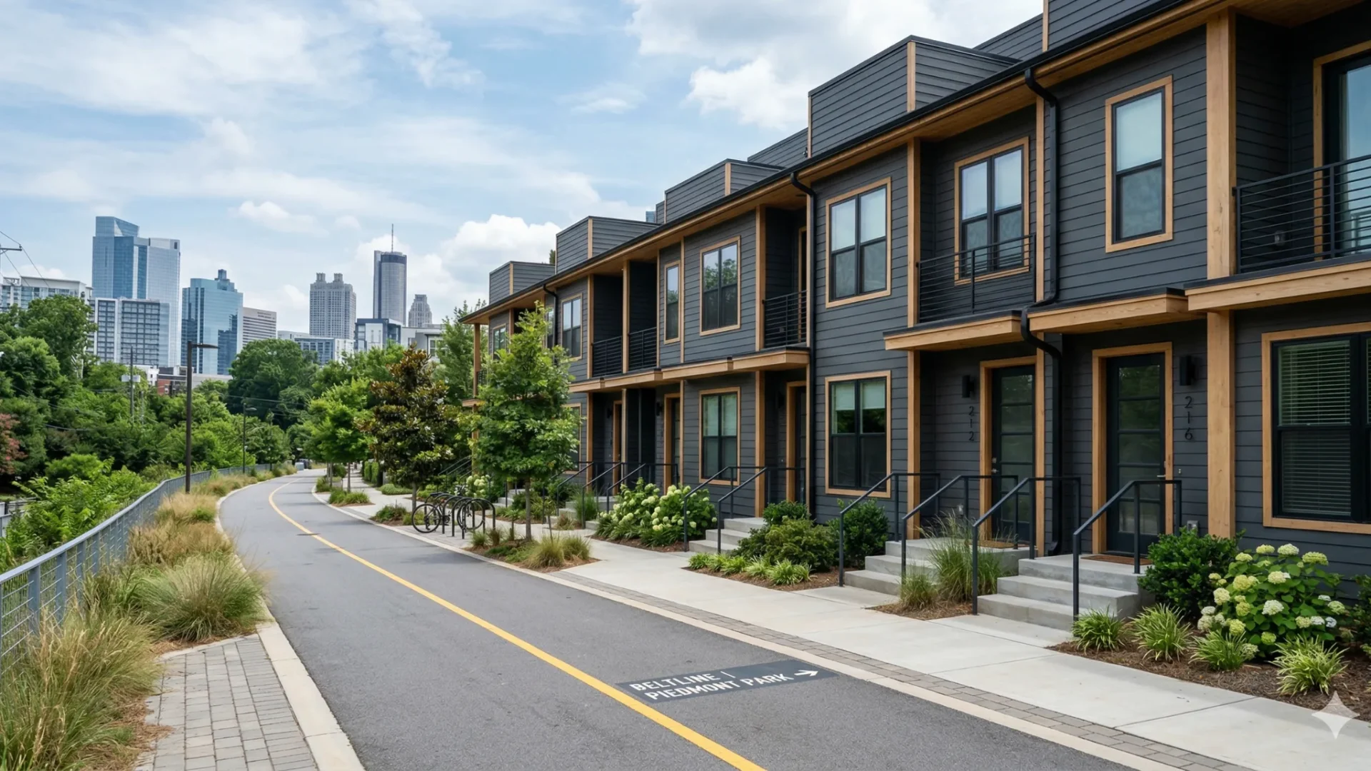A row of modern dark clad townhomes beside a paved trail with the Atlanta skyline behind