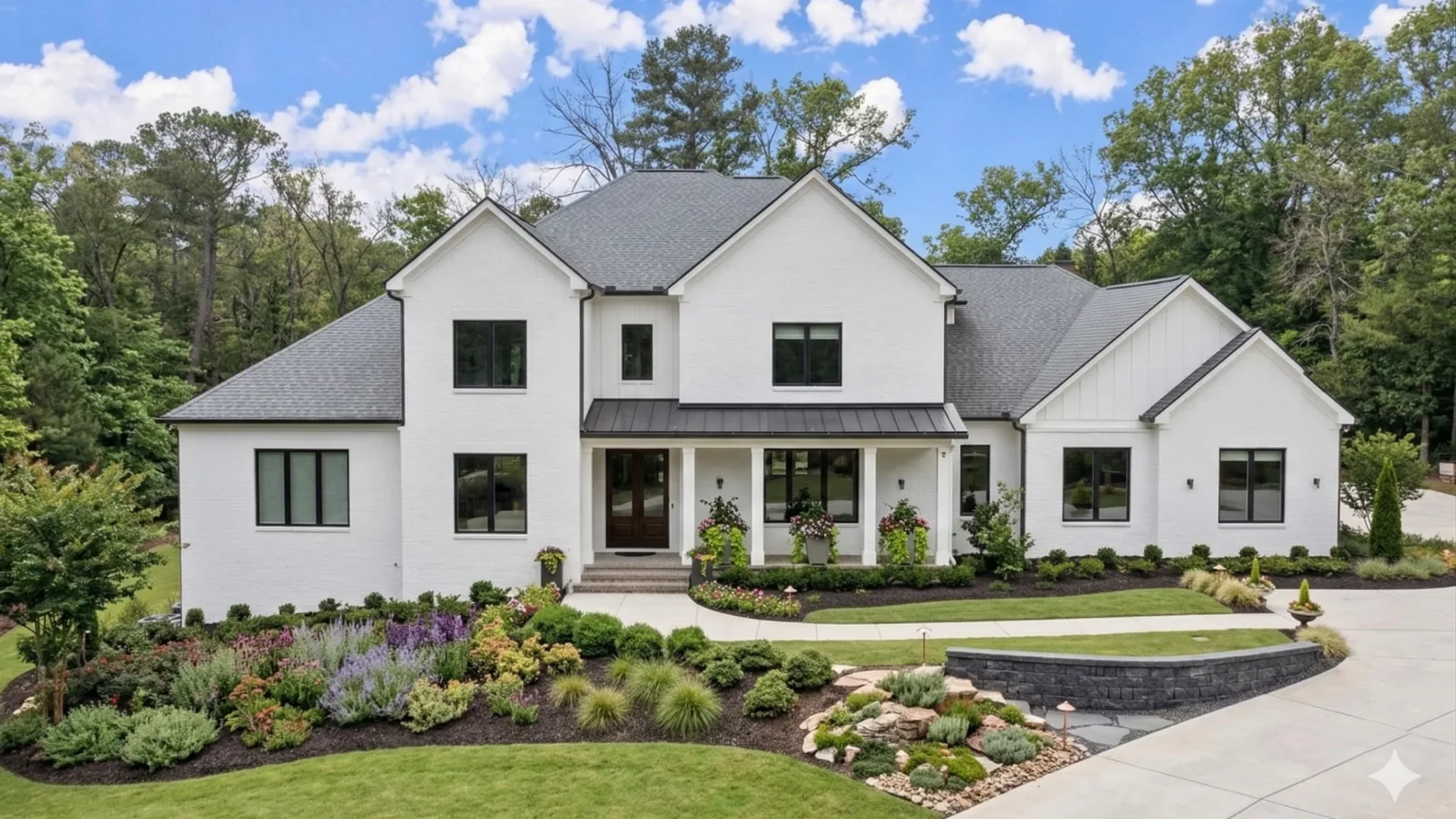 White modern farmhouse with a dark roof and a curved drive through beds