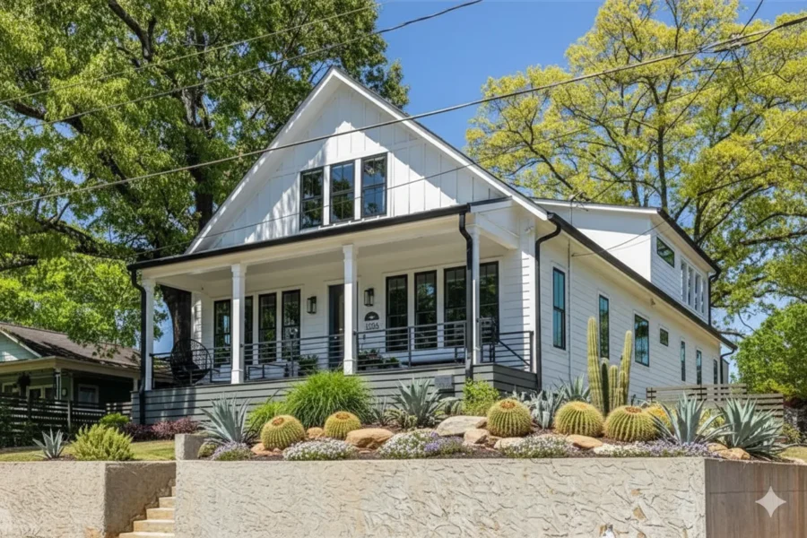 White modern farmhouse above a stone retaining wall with drought planting