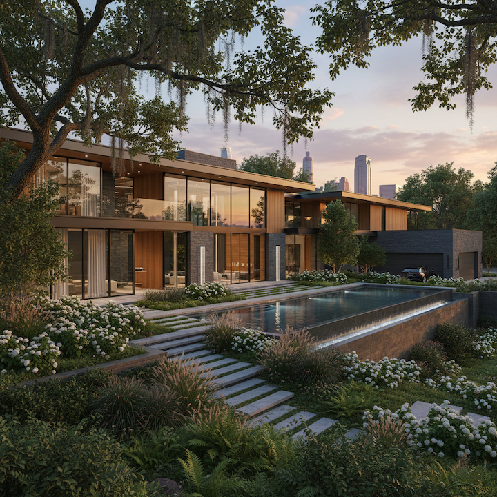 A low modern house with floor to ceiling glass beside a long lap pool at dusk, with a skyline in the distance