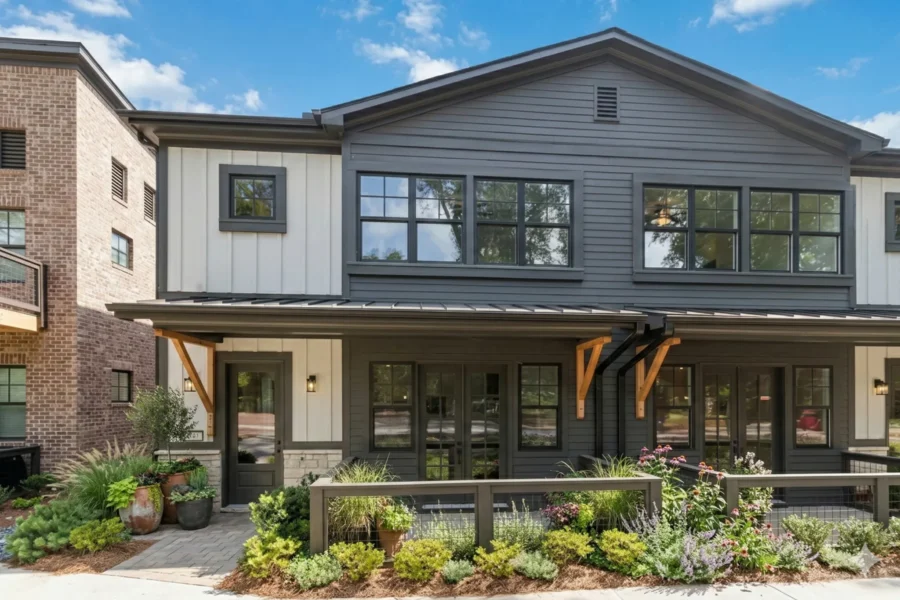 A modern grey and white house with timber brackets over the entry
