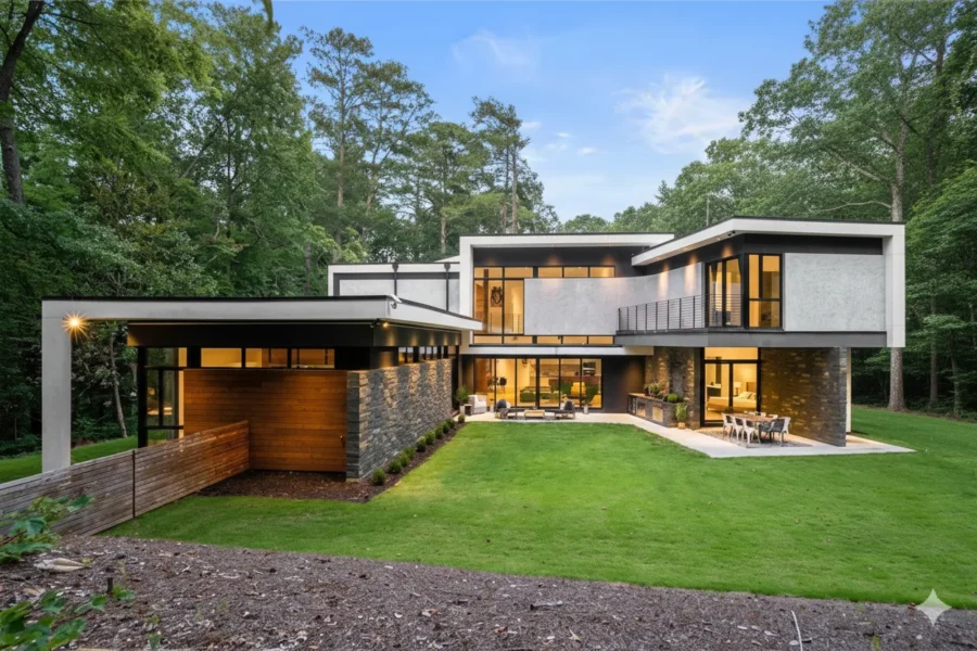 A modern house with glass walls and a cantilevered upper floor above a lawn