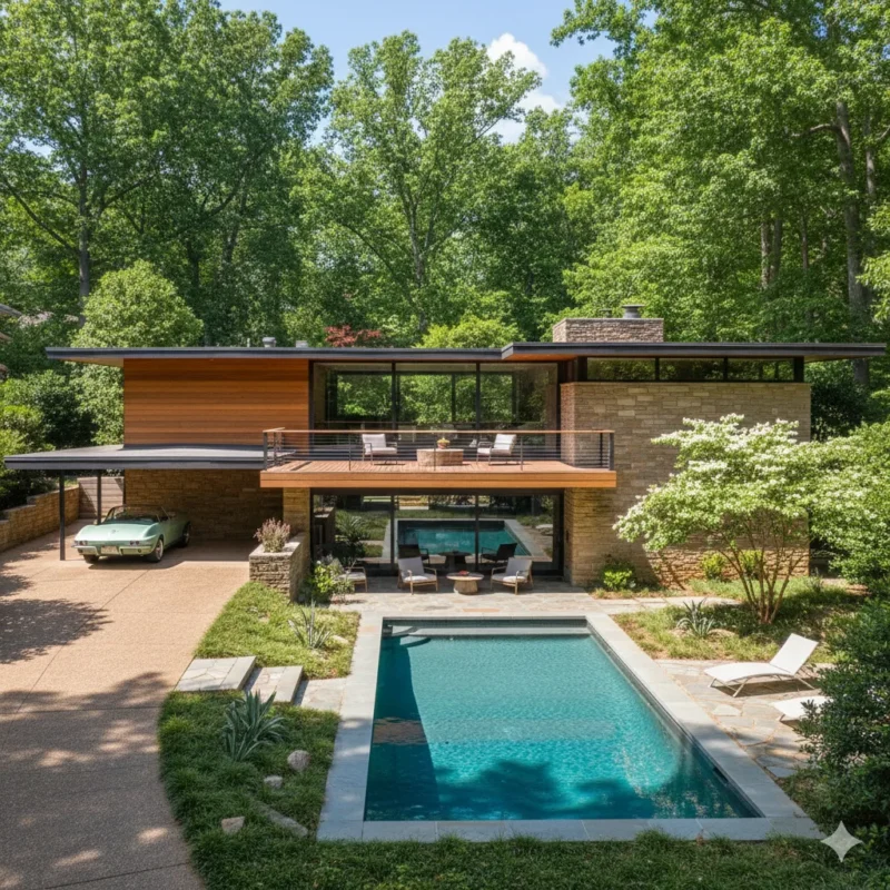 A modern house with a lap pool and a shaded terrace set in woodland