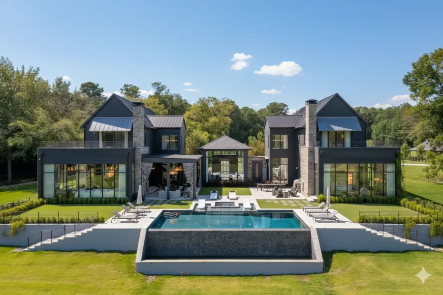 A modern house with glass walls beside a rectangular pool and terrace