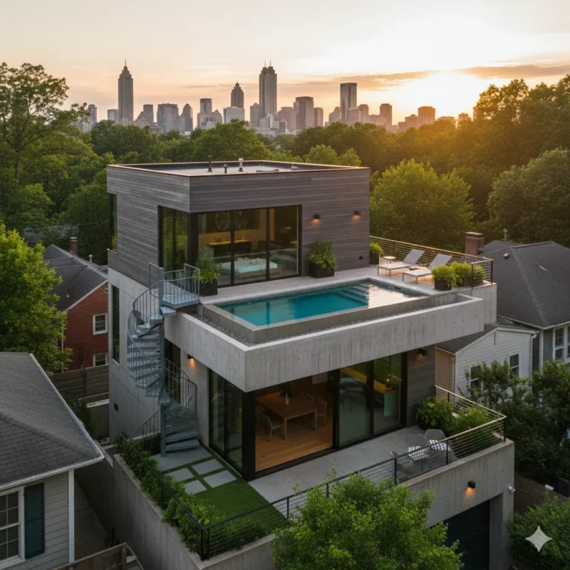 A modern house with a rooftop pool and terrace at sunset with the skyline behind