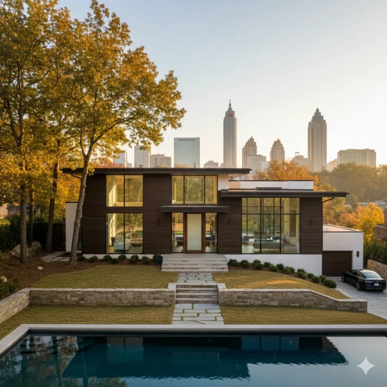 A modern glass-fronted house with the skyline and autumn trees behind
