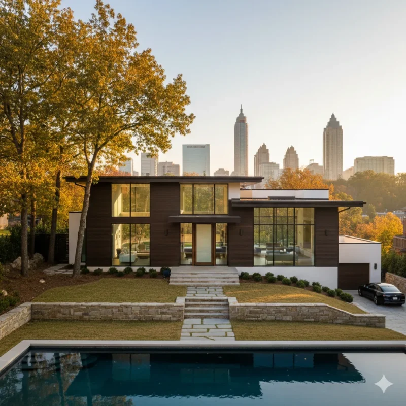 A modern glass-fronted house with the skyline and autumn trees behind