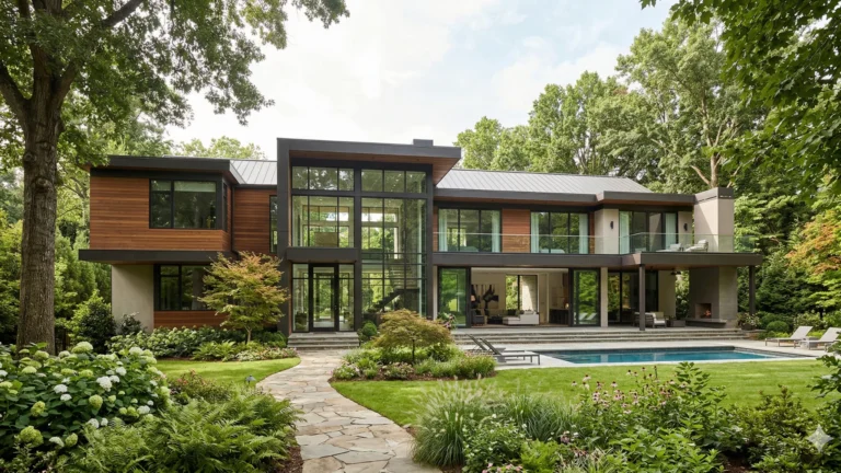 A modern house with wood cladding and a rear pool terrace in woodland