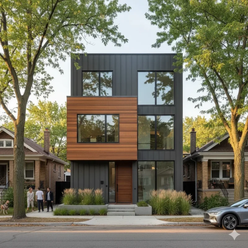 A modern infill house in timber and dark cladding between two older houses