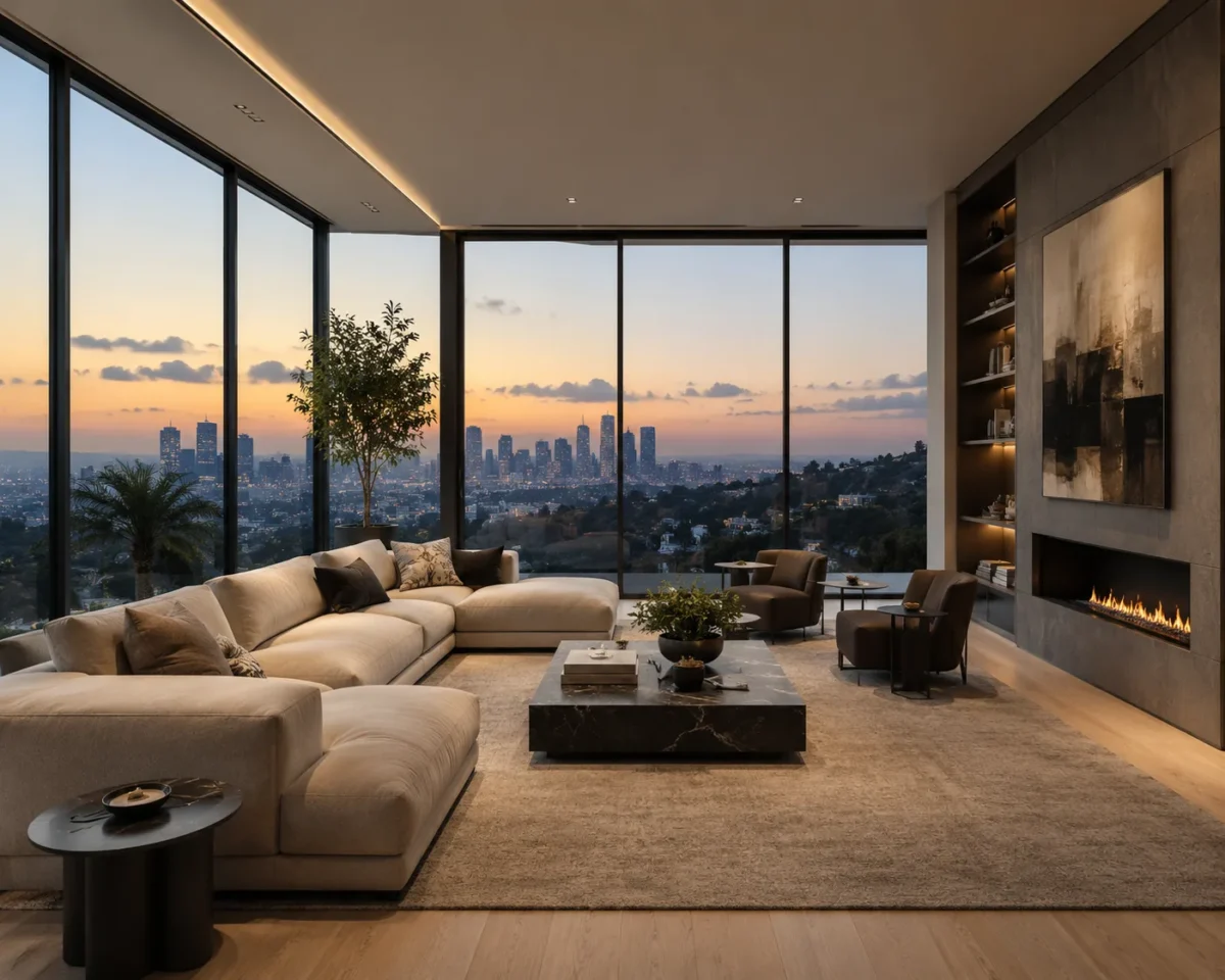 A modern living room with floor-to-ceiling glass and a linear fireplace at dusk