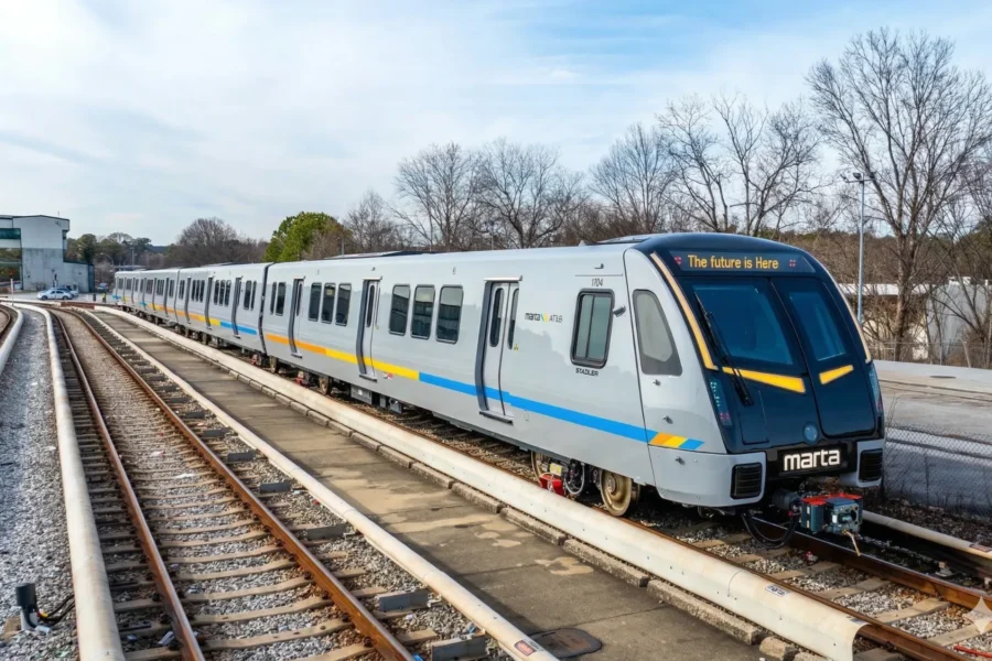 A modern MARTA rail car standing on the tracks
