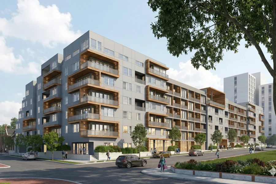 A modern mid rise apartment block with timber balconies along a street