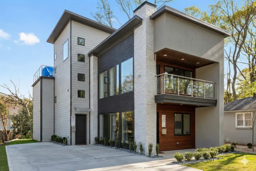 A modern multi level house with a balcony above the entry on a narrow lot