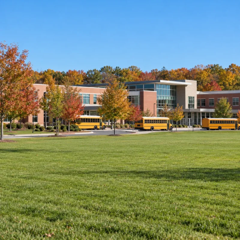A modern brick and glass school building seen across a wide green playing field with unmarked yellow buses at the kerb and trees in autumn colour behind