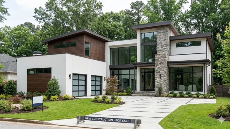 A modern stone and glass house on a new-build lot with a paved forecourt