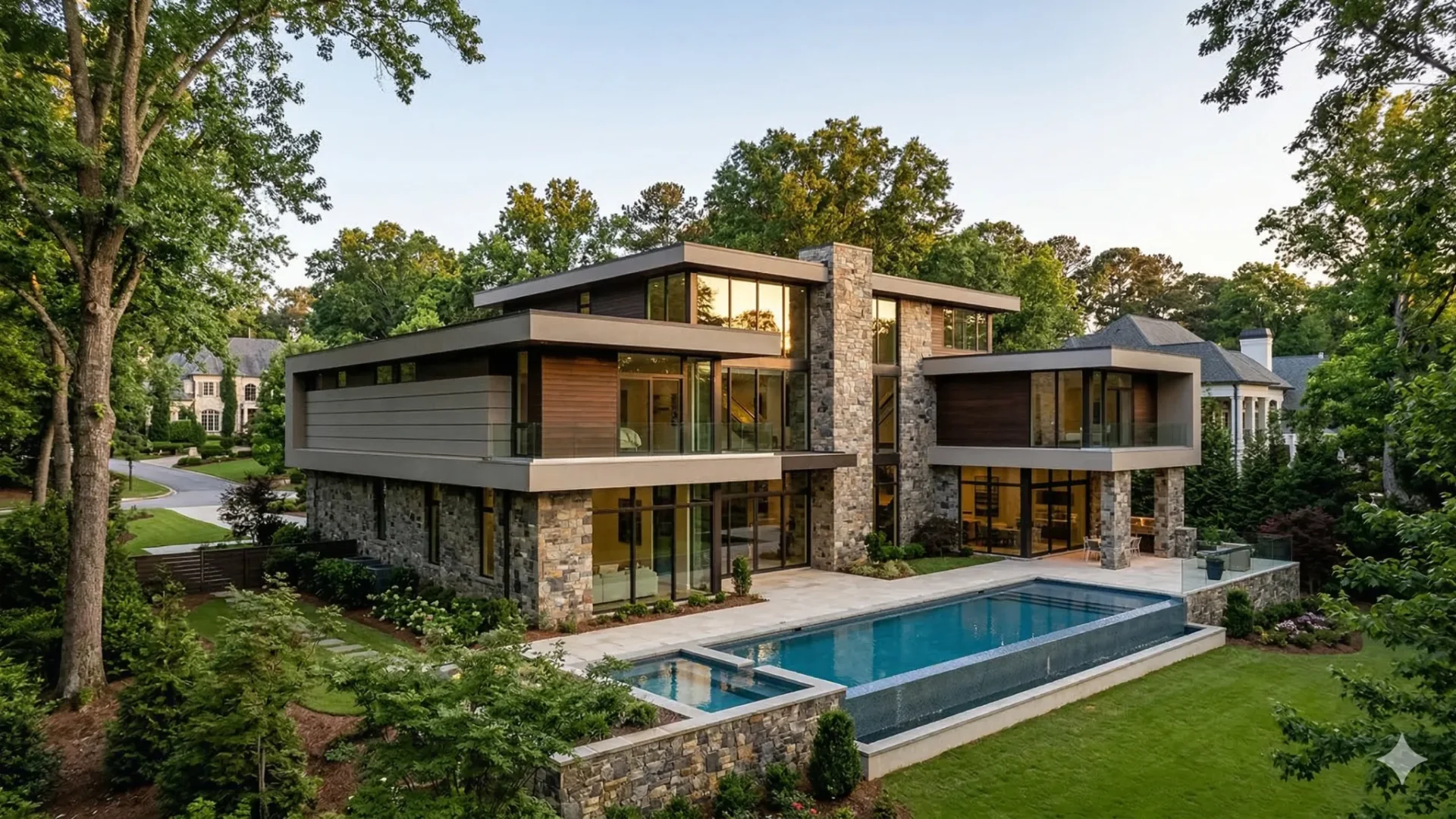A modern stone and glass house with a pool terrace in woodland