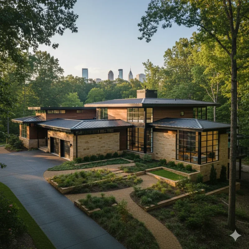 A modern stone and glass house with a flat roof set in woodland with the skyline beyond