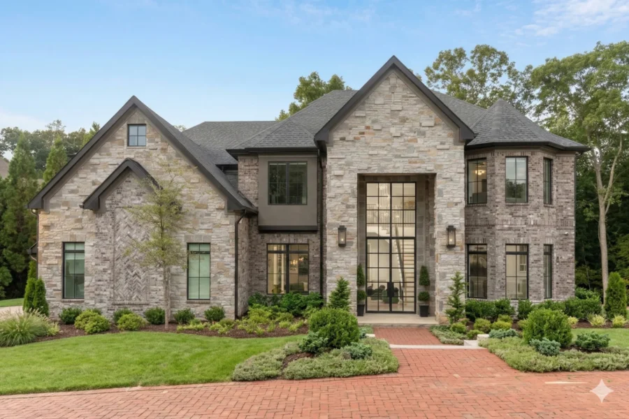 A modern stone house with dark window trim above a brick paver walk