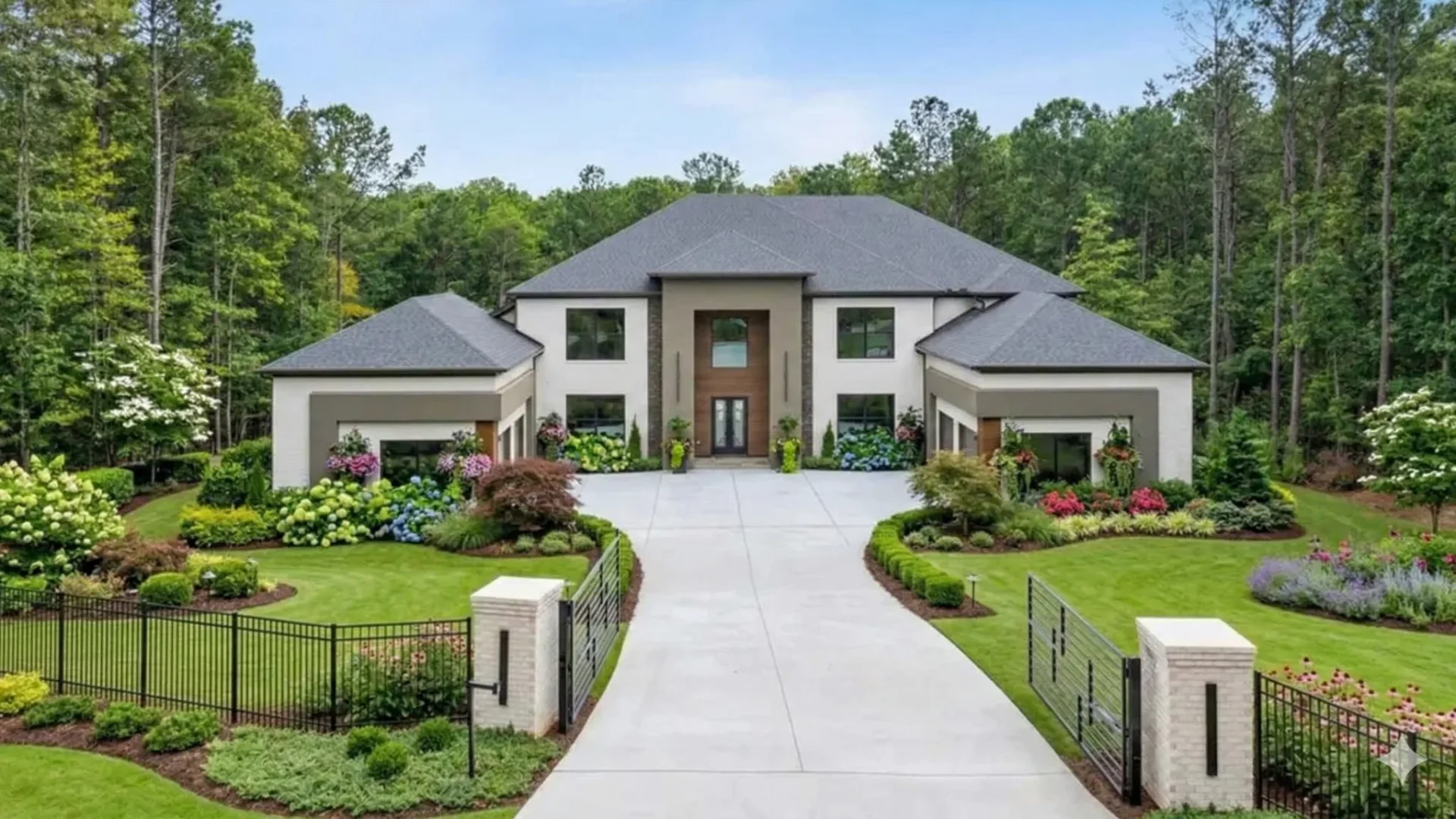 A modern stucco house at the end of a gated drive between planted beds