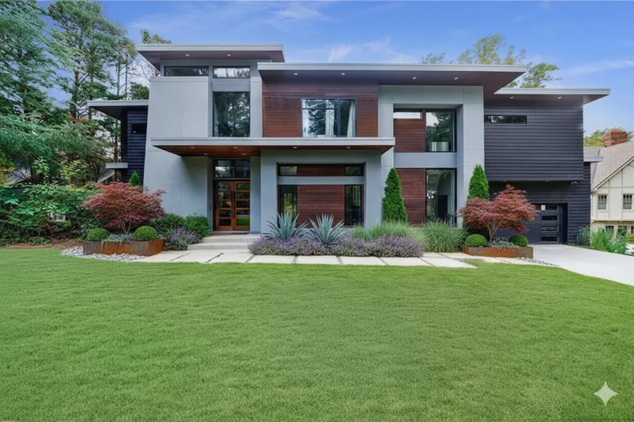 A modern stucco and wood house with a flat roof and a wide lawn